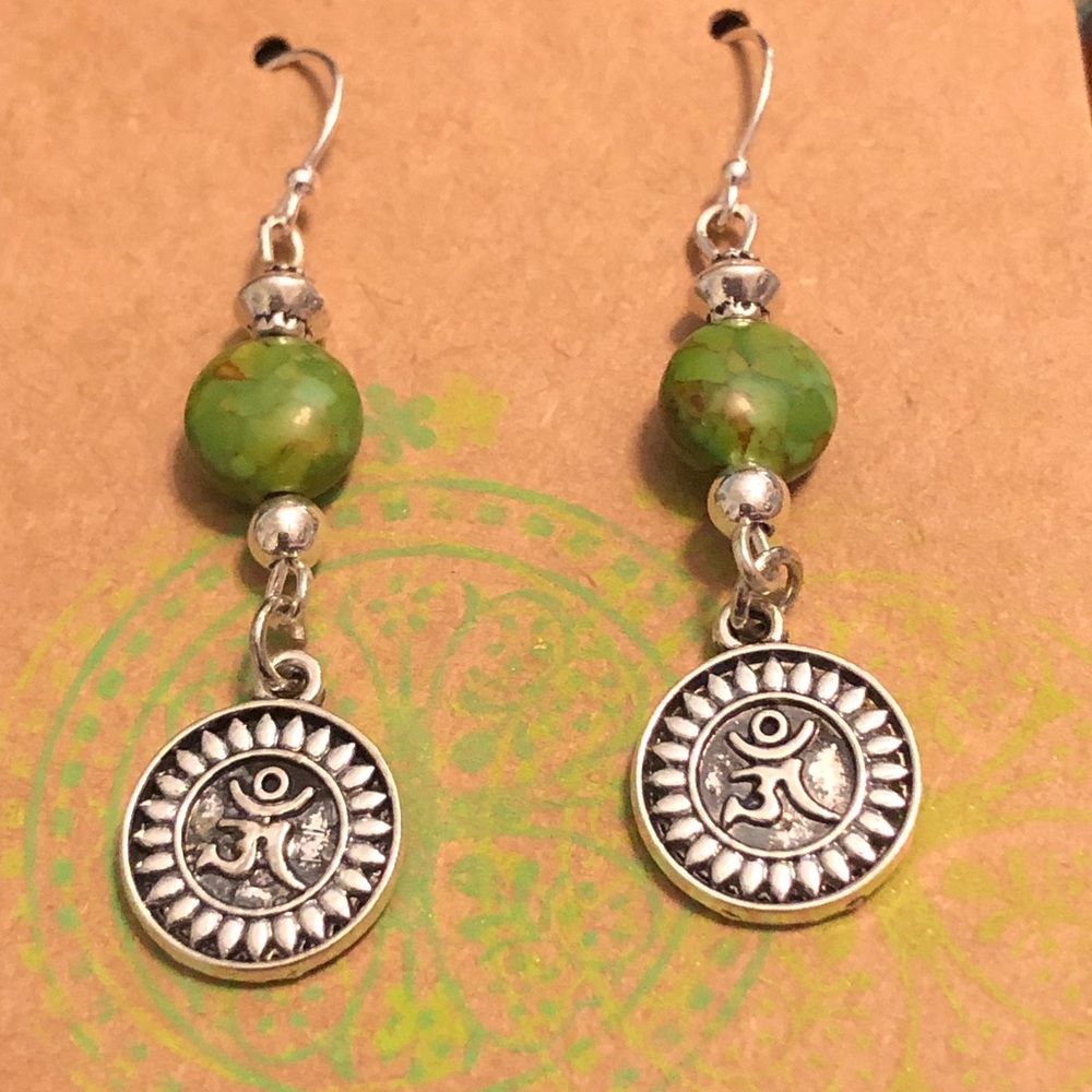 Handmade Silver Drop Earrings Om Charm Jasper Bead
